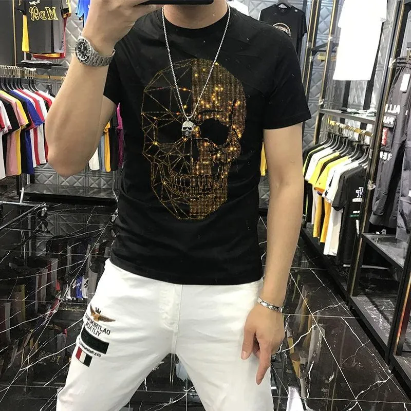 Men's T-Shirts Skull Drilling Short-Sleeved Men's Trendy Brand Trend Top Mercerized Cotton T-Shirt PLUS Size SummerMen's