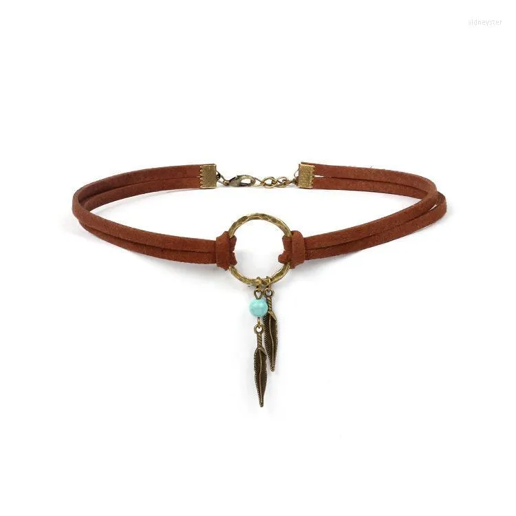 Chokers mode smycken gåva choker brun läder halsband antik koppar färg fjäderform charm vintage kedja halsbaschokers sidn22