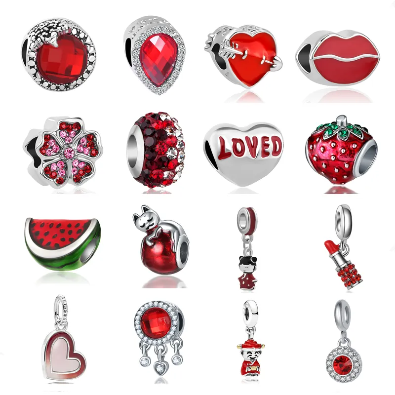 925 Argento Fit Pandora Charm 925 Bracciale rossetto rosso fai da te perline fit Pandora Charms Bracciali Gioielli fai da te Set di ciondoli per donna Ciondolo Gioielli perline fini fai da te