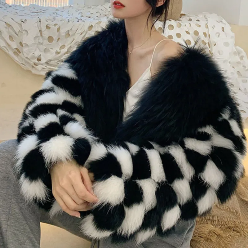 Winter New Imitation Mink Fur Coat Women Fashion Black And White Checkerboard Faux Fur Jacket Short Color Matching Warm Top T220716