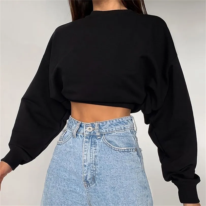 Fashion Oversized Hoodie Ladies Sexy Solid Color Cropped Top Casual Long Sleeve Sweater 220812