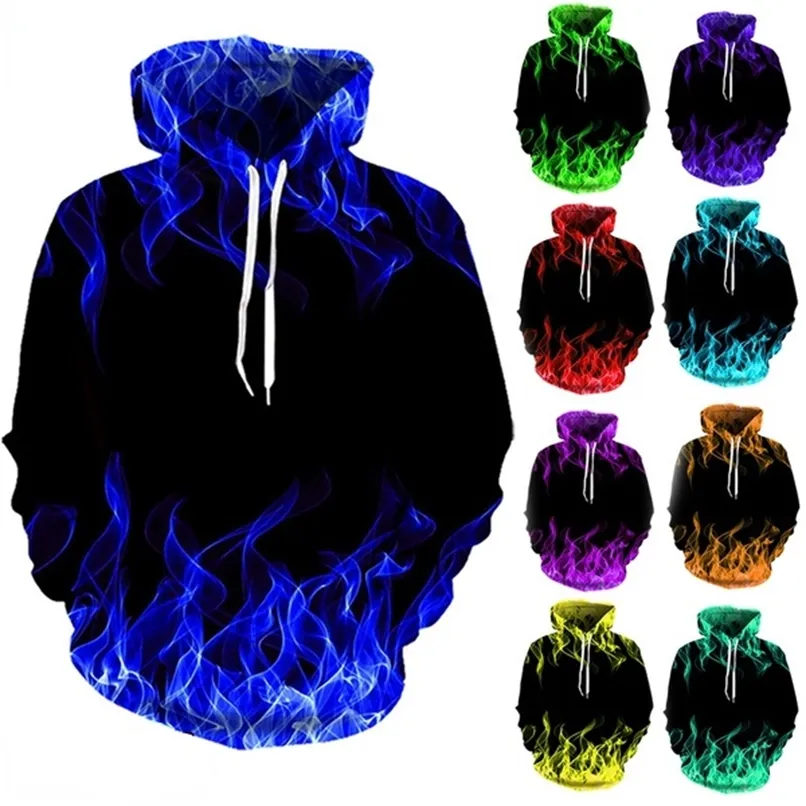 Kolorowa Flame Blue Men Kobiety Digital Fire Printed z kapturem Pullover Autumn Casual Funny Unisex Bluzy Streetwear 220815