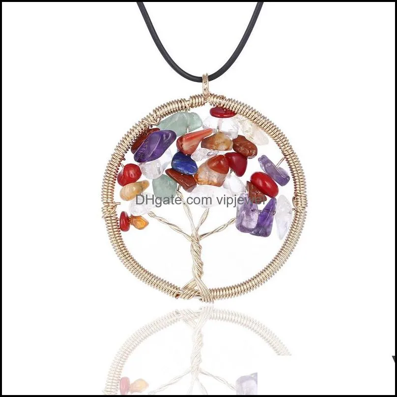 7 Chakra Tree Of Life necklaces Rainbow Natural Stone Quartz druzy Wisdom Tree pendant Black Rope String chains For women Jewelry Gift