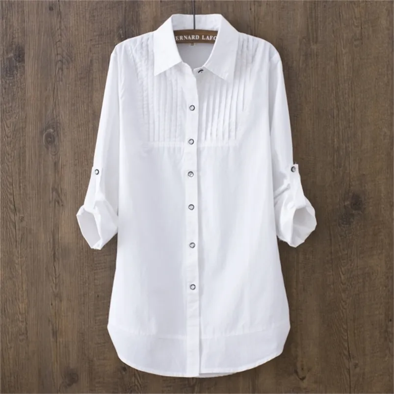 100 Cotton Spring Summer Women White Blouse Long sleeved Slim Cotton Casual Work White Shirts Office Lady Button Tops 0 22 LJ200812
