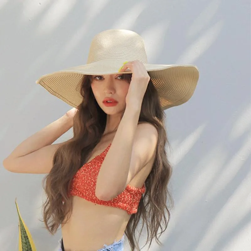 Szerokie brzegowe czapki Summer Ladies Straw Hat Składany damski 15 -cm Big Sun Shade plaż