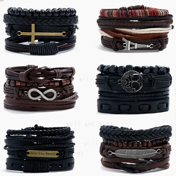 Vintage vlecht houten kraal streng lederen wrap armband armband bangle manchet Jezus kruis uil bladboom van het leven oneindige bedelarmbanden voor mannen dames mode sieraden set