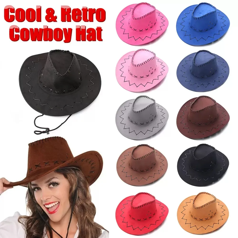 Ковбойская шляпа в западном стиле для мужчин Women Outdoor Wide Brim Fauxe Leather Black White Pink Summer Wide Brim Beach Travel Cap 3768 C0621X02