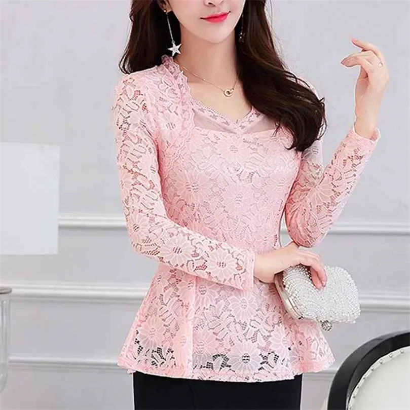 Artı Boyut M-4XL Dantel Kadın Giyim Pembe Blusas Dantel Gömlek Üstler Kadın Zarif Uzun Sleeve Dantel Kadın Bluz Gömlek 117F 210326