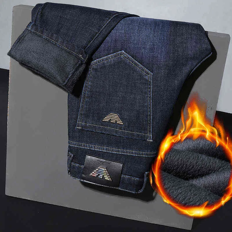 Hiver à la mode en peluche épaissie Jeans hommes coupe ajustée pieds brodé élastique décontracté chaud pantalon