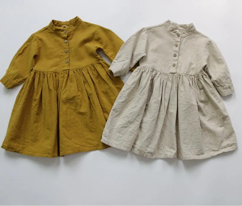 Mädchen Kleider Herbst Koreanischen Stil Baby Mädchen Baumwolle Leinen Langarm Reine Farbe Kleinkinder Kinder Retro Robe Kinder DressGirl's