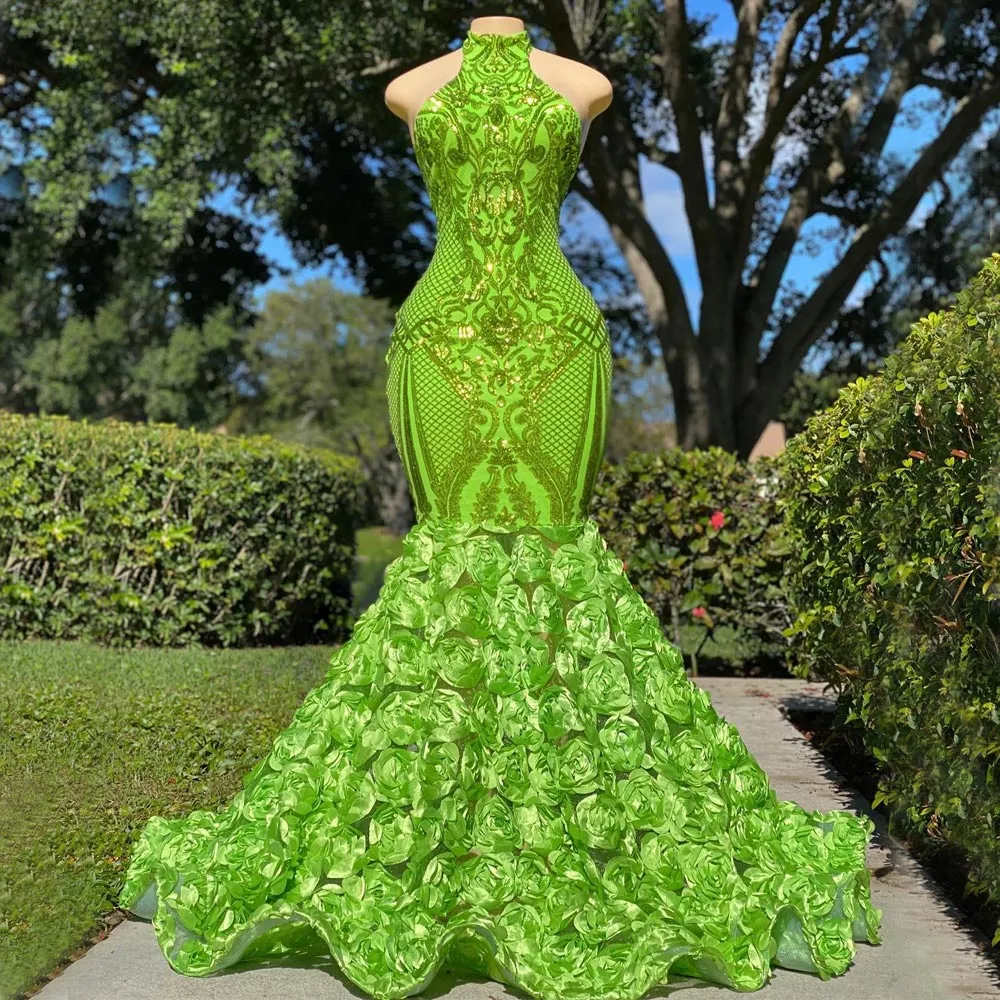 Sparkly Green Mermaid Lace Prom -jurken lovertjes halter nek Backless avondjurken vegen trein plus maat formele jurk