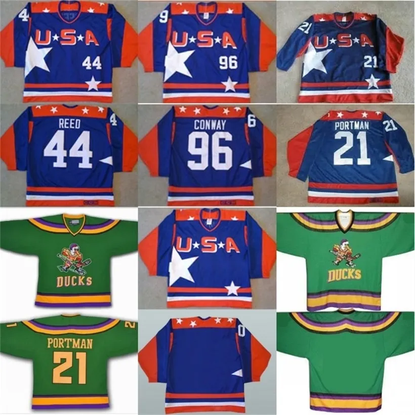 Maillot de hockey CeoMit Mighty Ducks D2 Movie Team USA 21 Dean Portman 44 Fulton Reed 96 Charlie Conway Maillots de hockey sur glace 100% cousus pour hommes