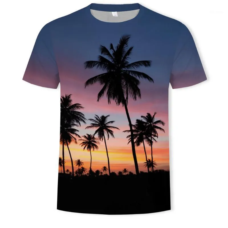 남자 티셔츠 여름 자연 풍경 팜 트리 그래픽 티셔츠 남성용 패션 3D 별이 빛나는 하늘 인쇄 티셔츠 캐주얼 오 넥 짧은 소매