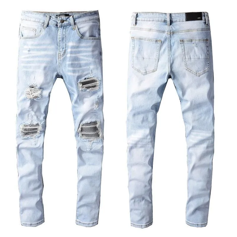 Men's Jeans High Street Fashion Brand AMR Hole Patch Elastic Slim Fit Pleated Mens Skinny Solid Quality Denim TrousersMen's