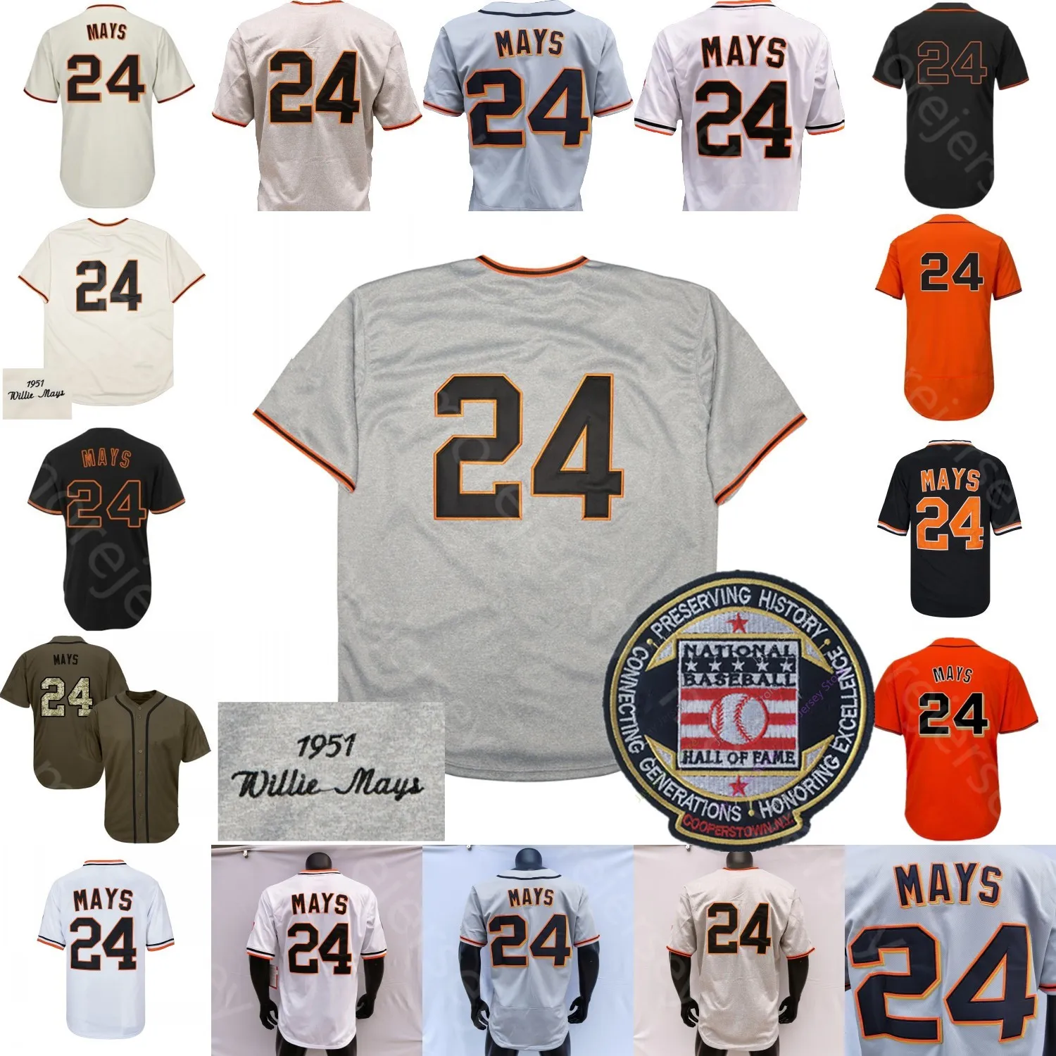 Willie Mays Jersey Vintage 1951 Crème Gris Noir Mode Orange Player Version Fans Pull Retro Hall of Fame Patch