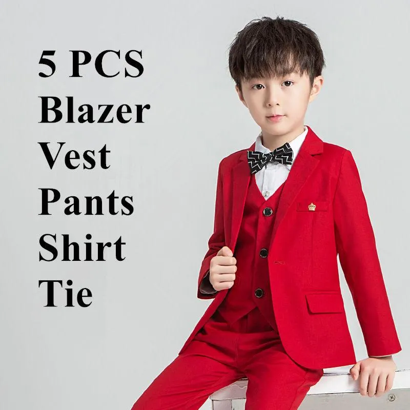 Kleidung Sets 5 PCS Kind Jungen Formelle Blazer Anzüge Mode Rot Kostüm Für Hochzeit Junge Kinder Outfit Gute Qualität