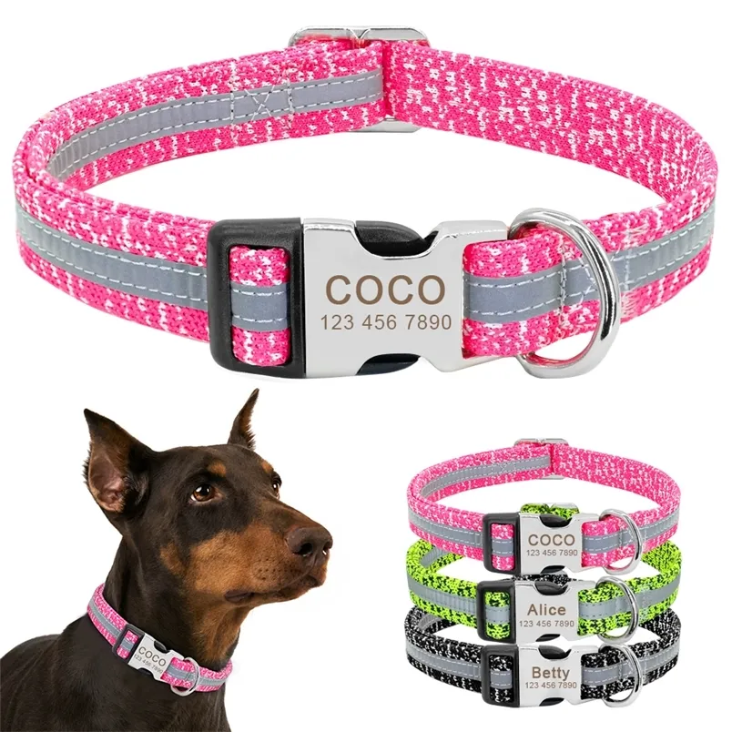 Dog Collar Personalized Reflective Dog Collars Custom Engraved Name Tag Collar Antilost Nylon Pet Collars For Medium Large Dogs 220610