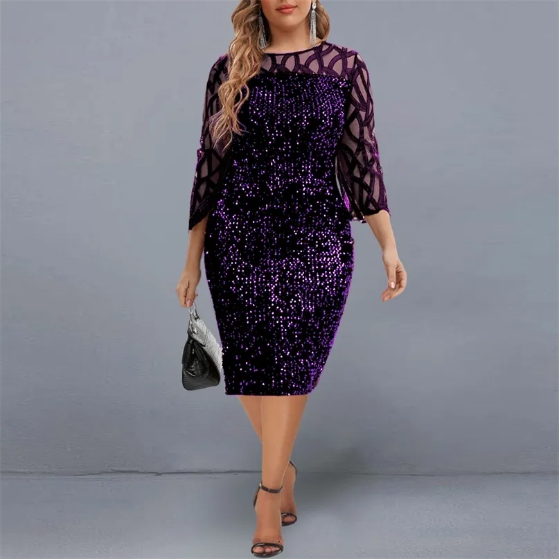Elegant Sequin Plus Size Dress For Year Mesh Sleeve Evening Party ...