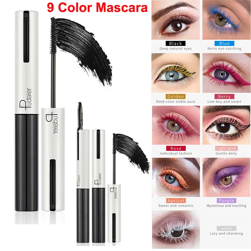 Pudaier 4D Fiber Colorful Lash Mascara with Lashes Comb Eye Makeup Thicker Curling Volumizing Eyelashes Lengthening Waterproof Noble Glamorous Eyelash 9 Colors