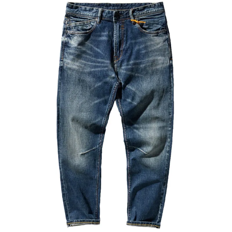 Retro jeans av japansk-stil Men's Autumn and Winter Thick Stretch Wearn Looked Washed-Out Straight-Leg Denim Trousers