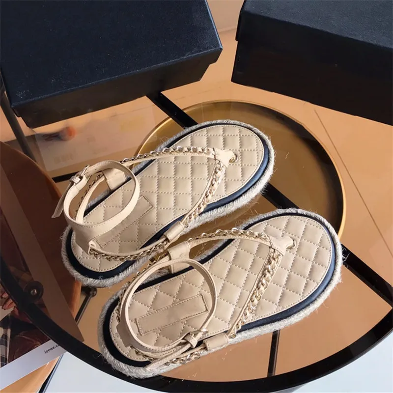 Holiday Flip Flops Fishermans Straw Woven Shoes Sandals Sheepskin Surface With Rubber Flat Bottomed Women Shoes Original high-end packaging