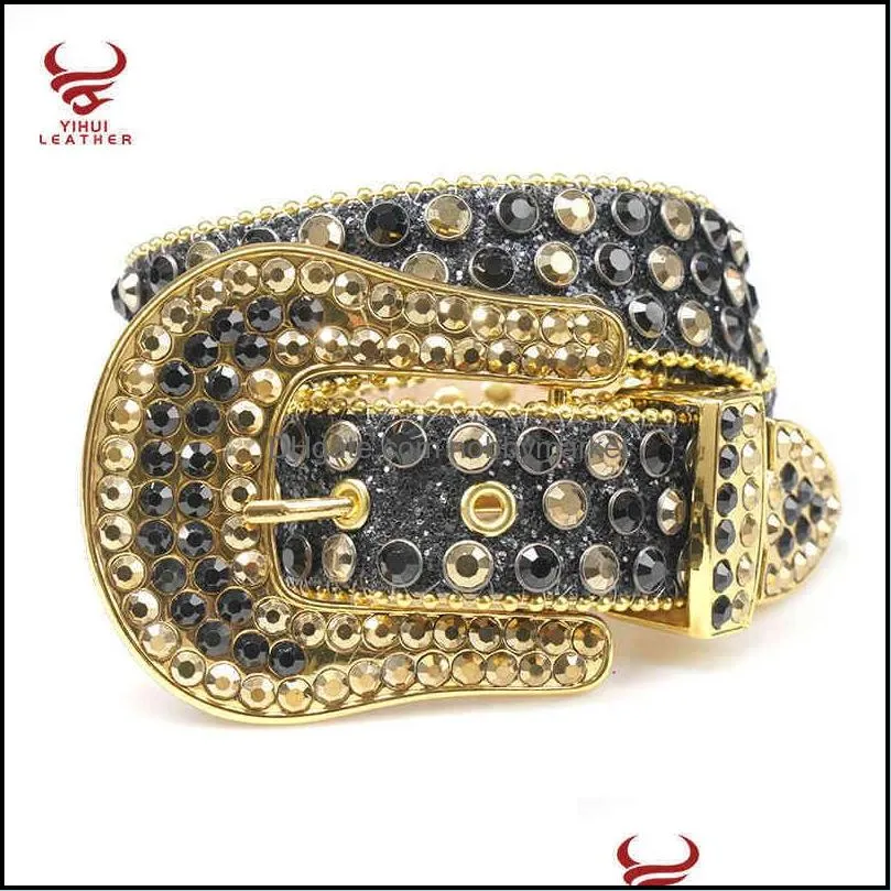 Sparkle wtern  leather diamond men studded crocodile PU golden rhintone digner belt bb simon