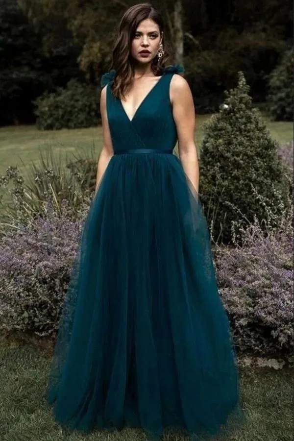 Dark Blue Evening Dresses Modern A Line V Neck Sexy Backless Summer Garden Maid of Honor Bridesmaid Dress Party Occasion Gowns Plu2742