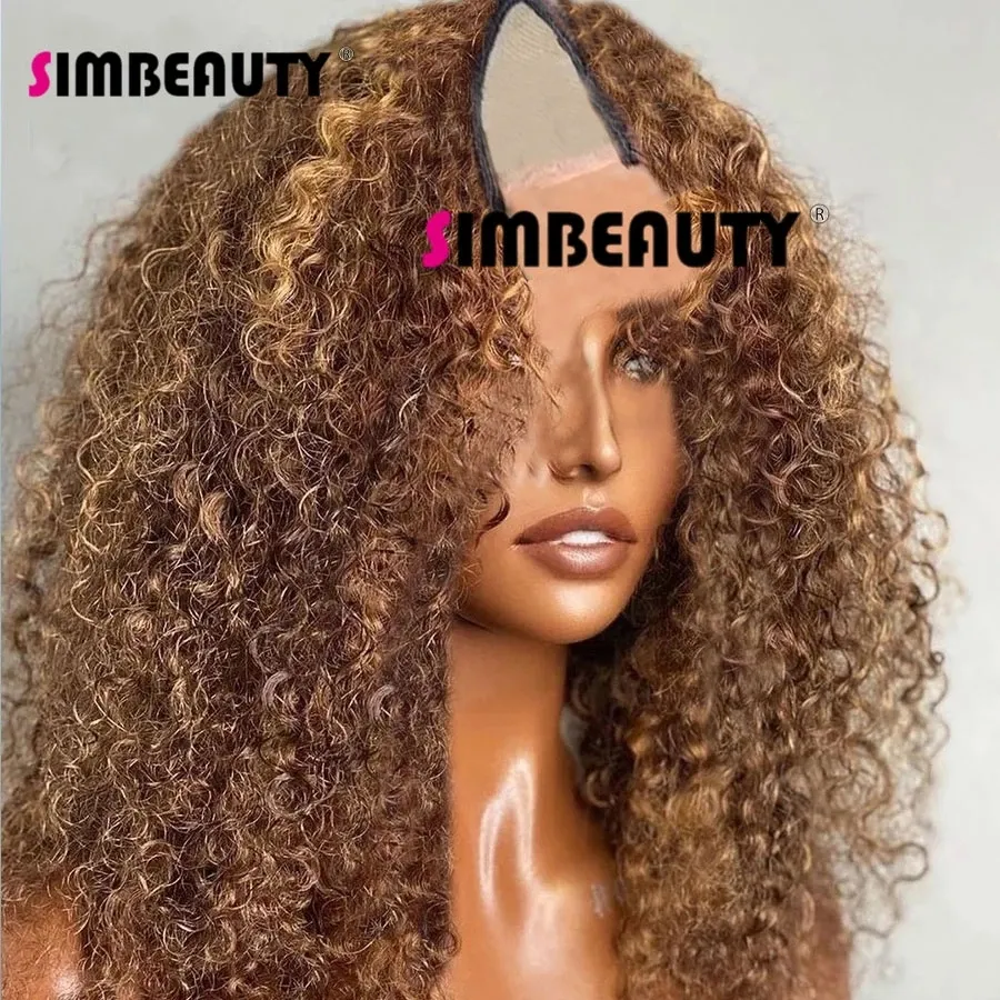 Highlights Blonde V Part 100% Human Hair Wigs Ombre Brown Bouncy Curly Kinky Curl Middle Open Full End U Shape Wig 250Density