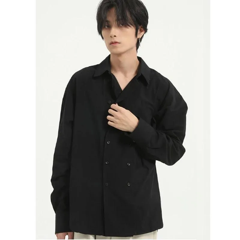 Chemises décontractées pour hommes Homem Duplo Breasted Manga Longa Camisa Masculino Jap￣o Coreia Estilo Streetwear Moda De Cor S￳lida