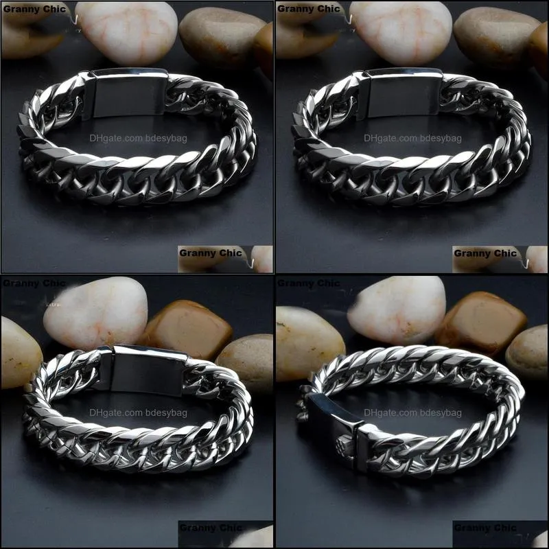link chain granny chic birthday gift for mens silver stainless steel high quality curb heavy wide bracelet 14mm 8.66