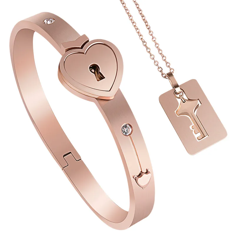 2pcs His and Hers Matching Couple Bracelet Necklace Set, Stainless Steel Love Heart Lock Bangle Key Tag Pendant Necklace Chain