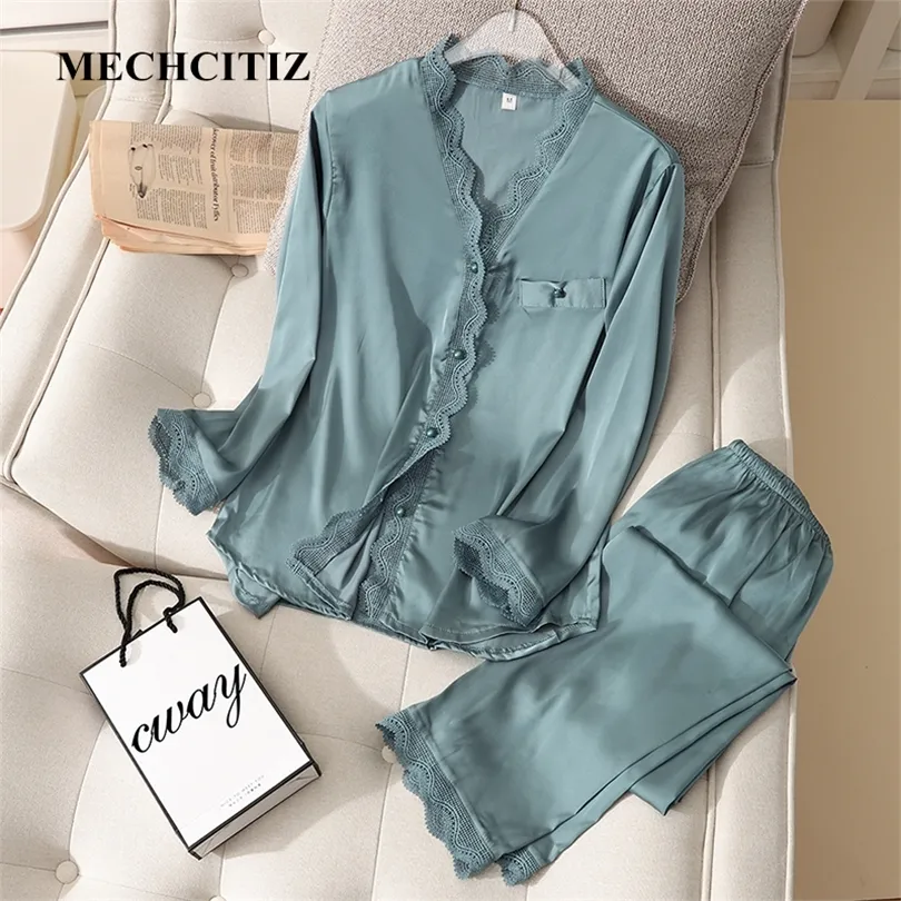 MECHCITIZ Pyjamas Satin Frauen 2PCS Schlaf Set Sexy Nachtwäsche Hosen Herbst Seide Pyjama Kimono Bademantel Nachtwäsche 220329