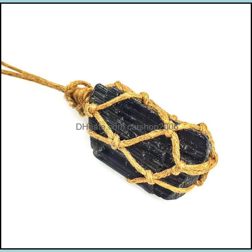 irregular natural black energy stone rope braided handmade pendant necklaces with chain for women men fashion lucky jewelry