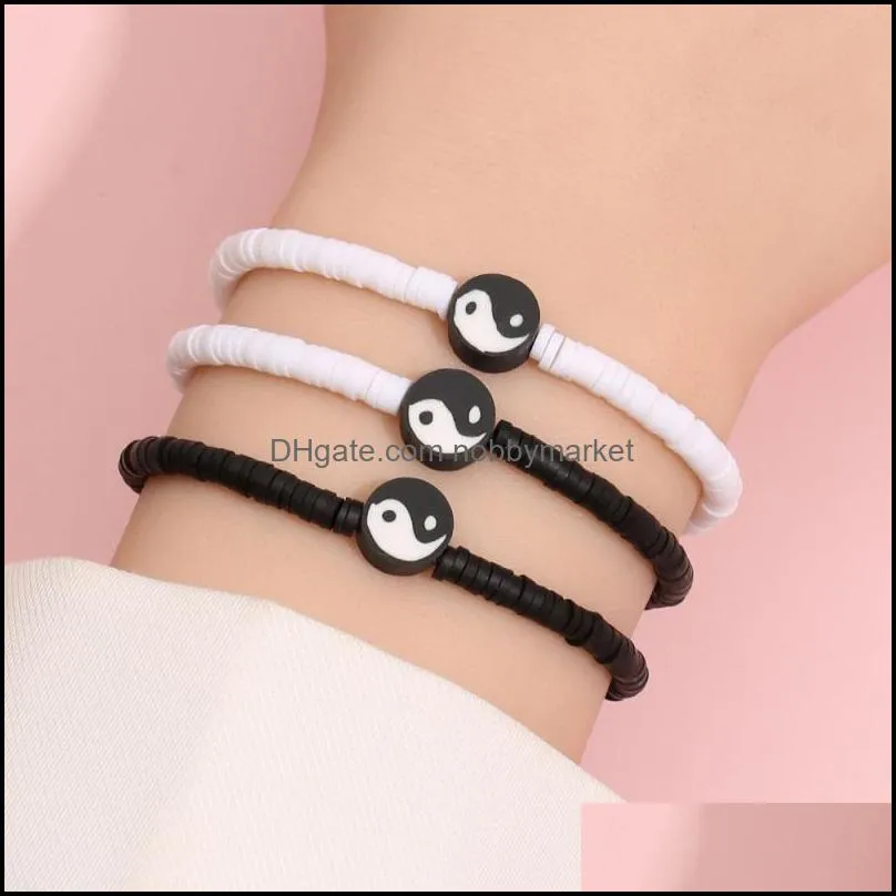 Classic Design Vinyl Heishi Disc Bead Strands Yin-Yang Gossip Bracelet Wholesale for Men Women Couples 3PCS/Set