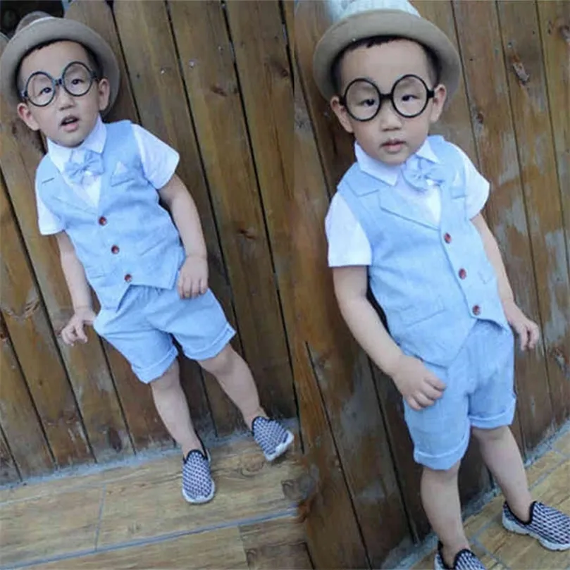 Baby Boys Clothing Sets Summer Children Formal Wear Short Shirt + Plaid Waist Coat ShortsBow Kids 4PC Suits Clothes 220507