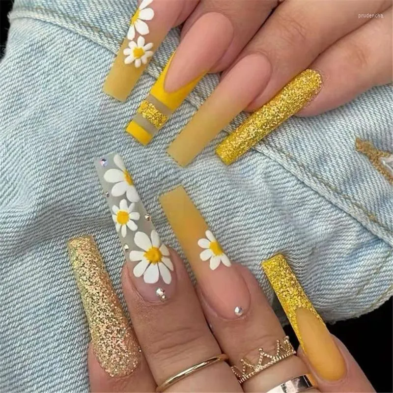 Yanlış Tırnaklar 24 PCS Tabut Sahte Çıkarılabilir Sarı Gradyan Çiçek Çıkarma Bale Tırnak Sanat İpuçları Uzun Altın Glitter Akrilik Prud22