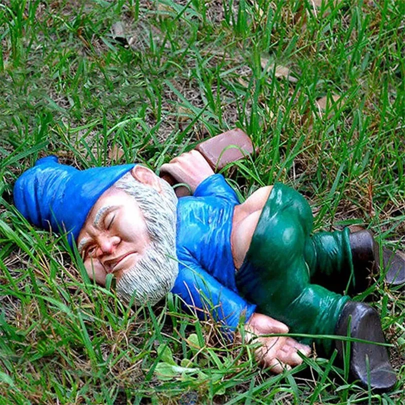 S/M/L Blue Red Dwarf lying Drunk Gnome Statues Fairy Garden Decor Ornaments Flower Pot Micro Landscape Outdoor Figurine Ornament 220426