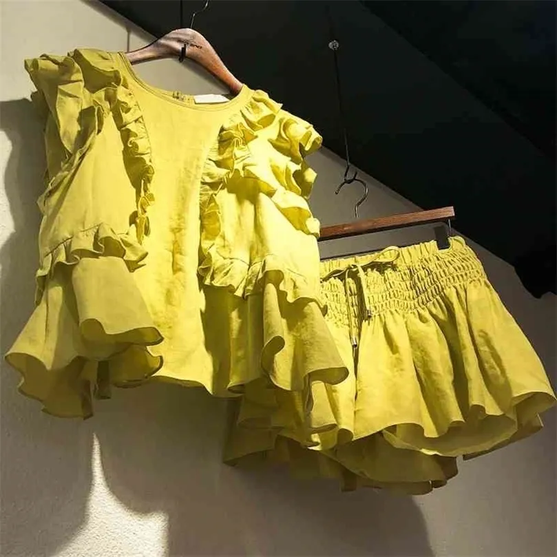 Deat zomer Koreaanse stijl katoen korte bloemblaadjes mouw o nek ruches t shirt geel trekstring shorts vrouwen mf425 210331