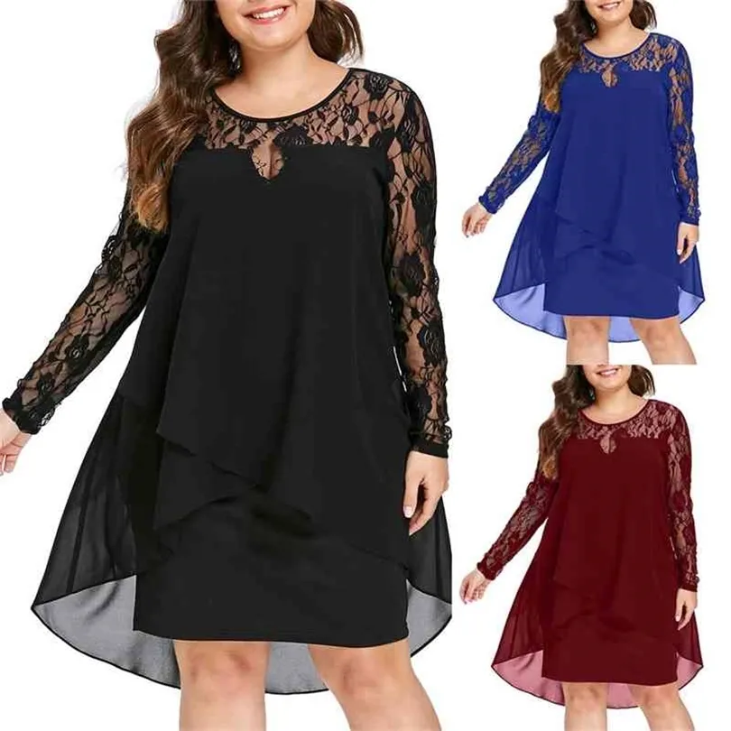 Femmes Automne Solide Robe Plus Taille Robe Sheer Dentelle Patchwork À Manches Longues Haut Bas Hem Oneck Robe Casual Robes De Fête S5XL 210401