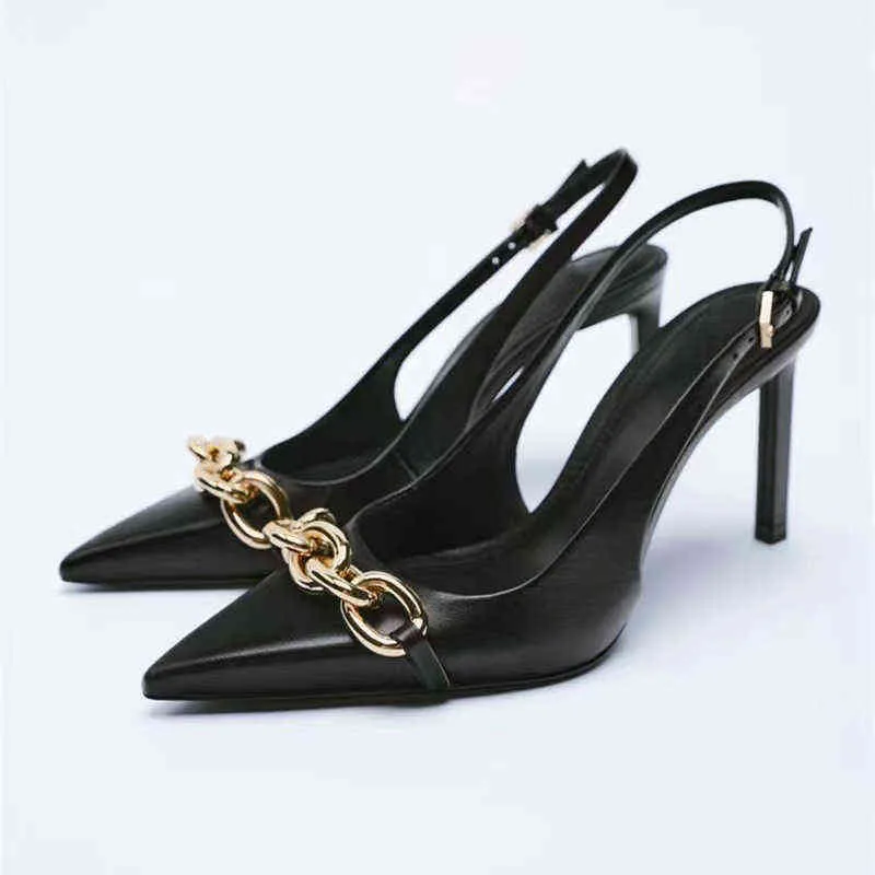2022 High Quality Women's Shoes Black Chain Trim Slingback Leather Temperament High Heels Pointed Toe Stiletto Women's Shoes G220520