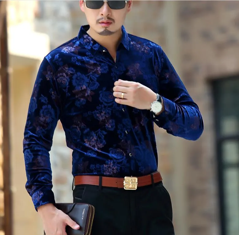 Herrklänningskjortor Topp Fashion Luxury Mens Formal sväng ner krage sammet skjorta smal fit blommamönster silk våren Autumns's