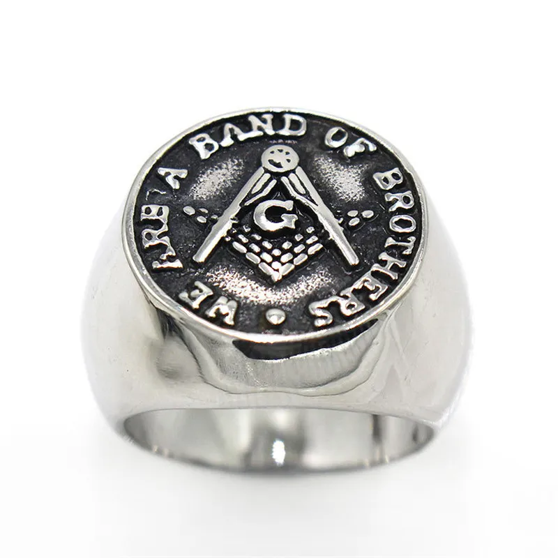 316 Anéis de Aço Inoxidável Anéis Homens AG Gift Jewel Retro Prata Antigo Preto Negro Compass Freemason Masonic Ring presentes com palavras Somos uma banda de irmãos