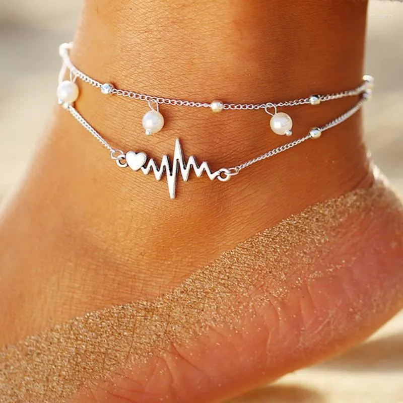 Bracelets de cheville Double couche chaîne de perles bracelet de cheville ECG personnalité pour femmes bijoux de pied cadeaux bracelets Kirk22