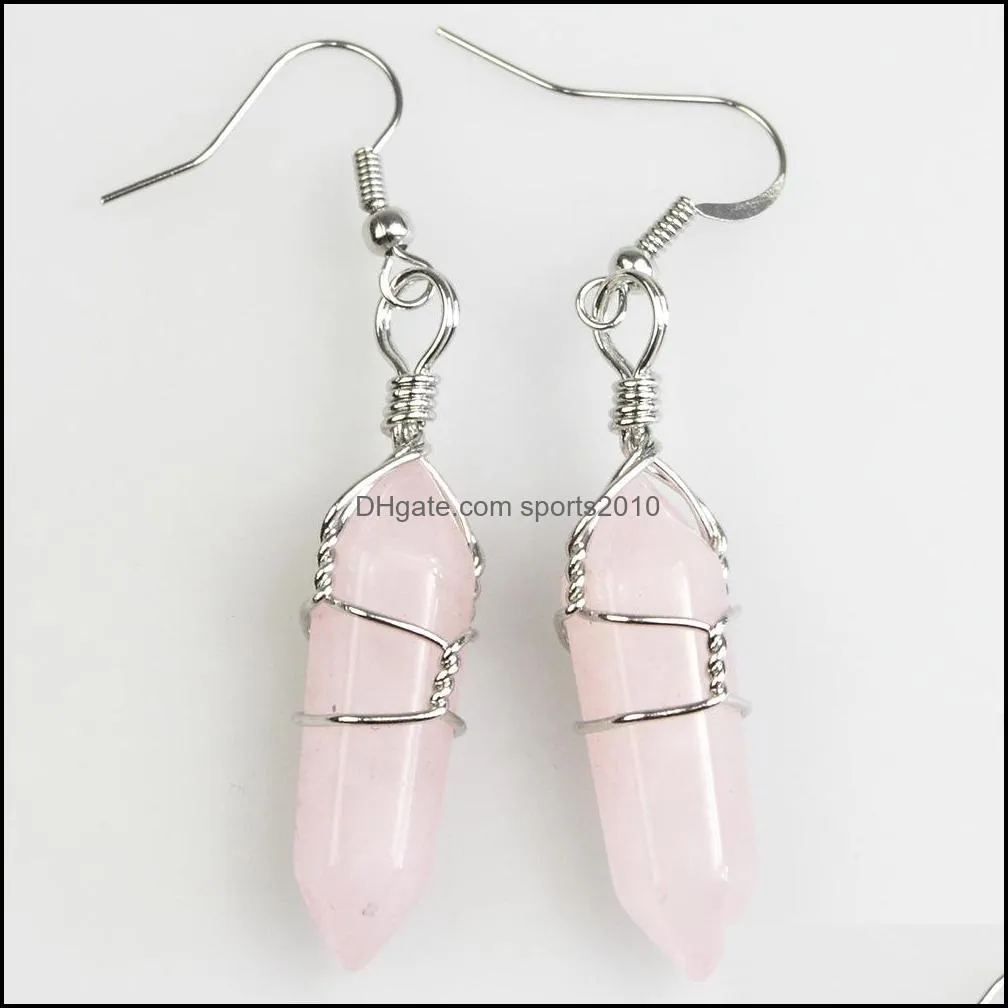 fashion wire wrap hexagon prism natural stone dangle drop earrings rose quartz healing crystal earings earring for women je sports2010