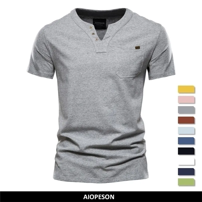 Aiopeson Coton Cotton Mens T-shirts Couleur solide Classic Vneck T-shirt Men Summer Summer Quality Short Sleeve Top Tees Men 220607