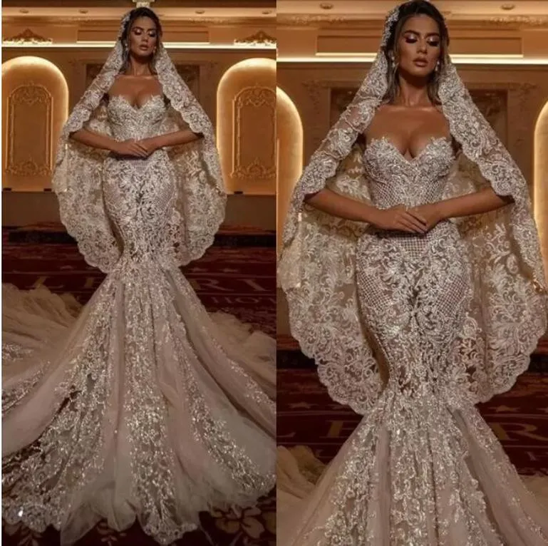 Luxury Lace Applique Mermaid Wedding Dresses 2022 Sweetheart Illusion Zipper Back Sweep Train Brud Dress Vestido de Noiva B0525N23