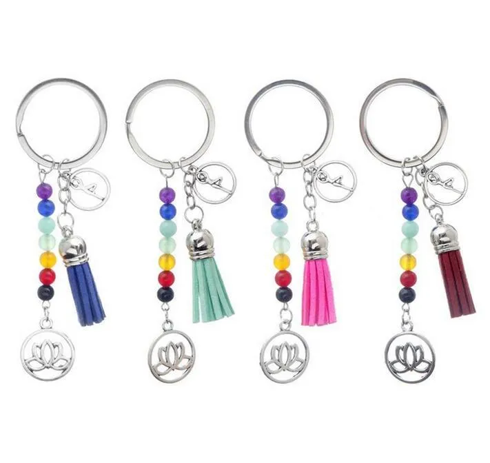 Seven Chakra Stone Tassel Keychain Pendant Lotus Reiki Healing Yoga Natural Gemstone Beaded Key Chain Creative Keyring