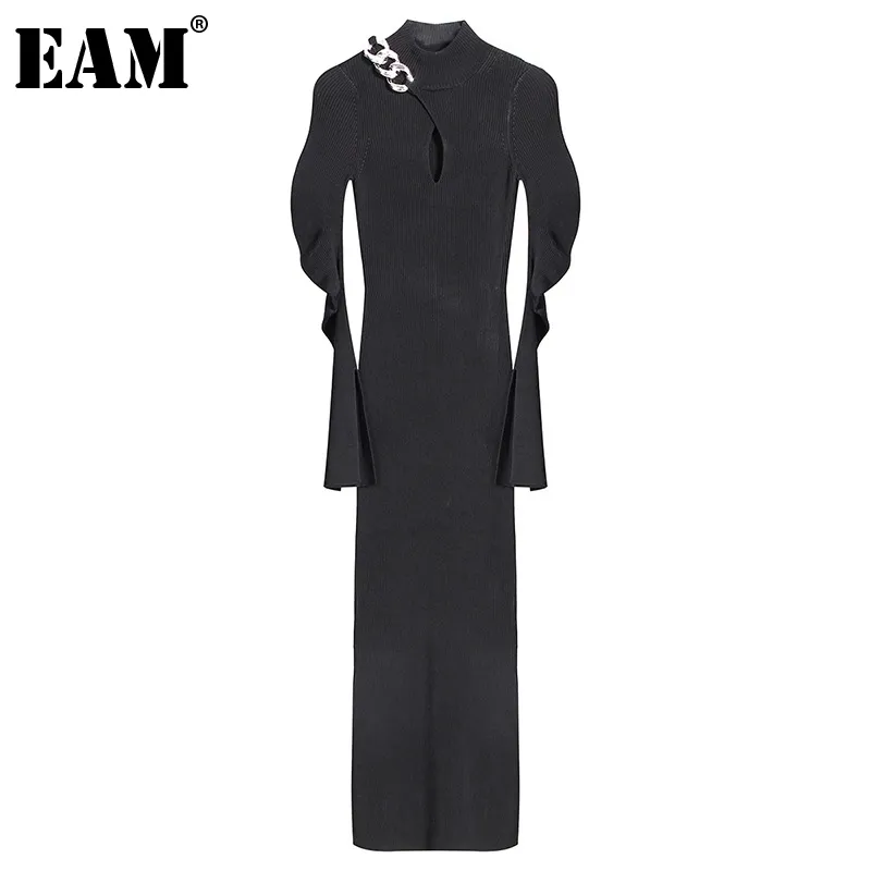 Eam Kobiet Metal Metal Hollow Out Long Kniting Dress Turtleck Long Rleeve Lose Fit Fashion Spring Autumn 1DC787 210303