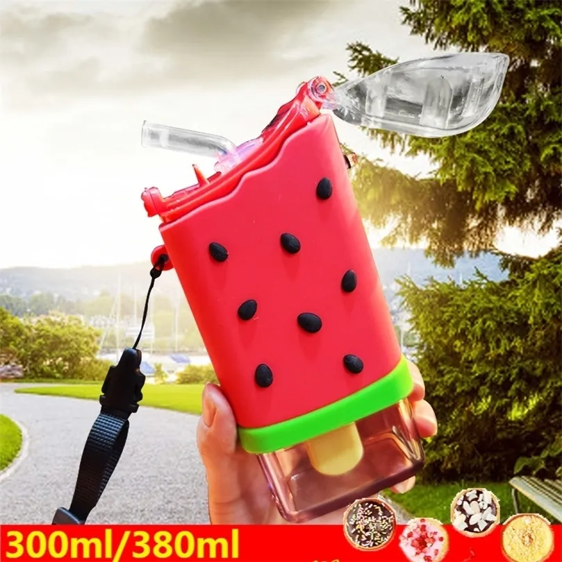 Cartoon Cute Donut Ice Cream Water Bottle Rainbow Creative Square Watermelon Cup Portable Leakproof Children Kettle with Straw 220307