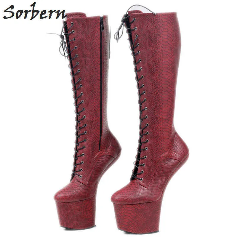 Sorben Borgonha Borgonha Snake Knee Botas Altas Para Mulheres Heeless Light Hoof No Salto Arrasto Rainha Heel Botas Crossdresser Bota Pernas Pernas